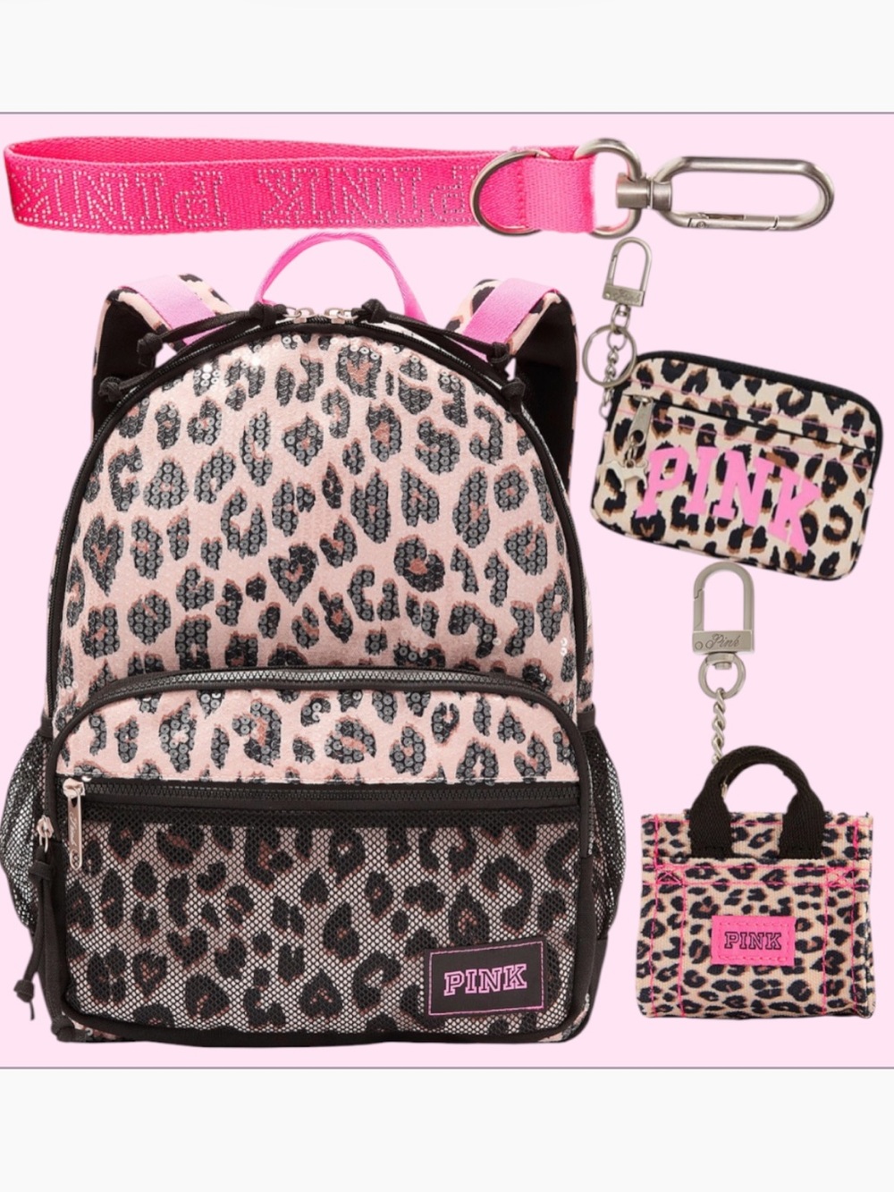 PINK Leopard Sequin Backpack 4 piece Bundle